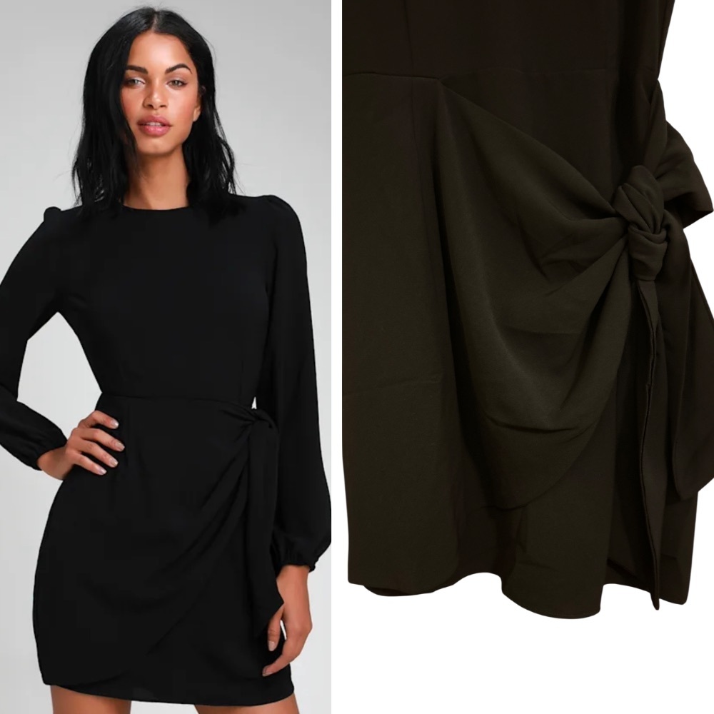NWT Lulus Believe It or Knot Black Long Sleeve Tie-Front Skater Dress - Size XS